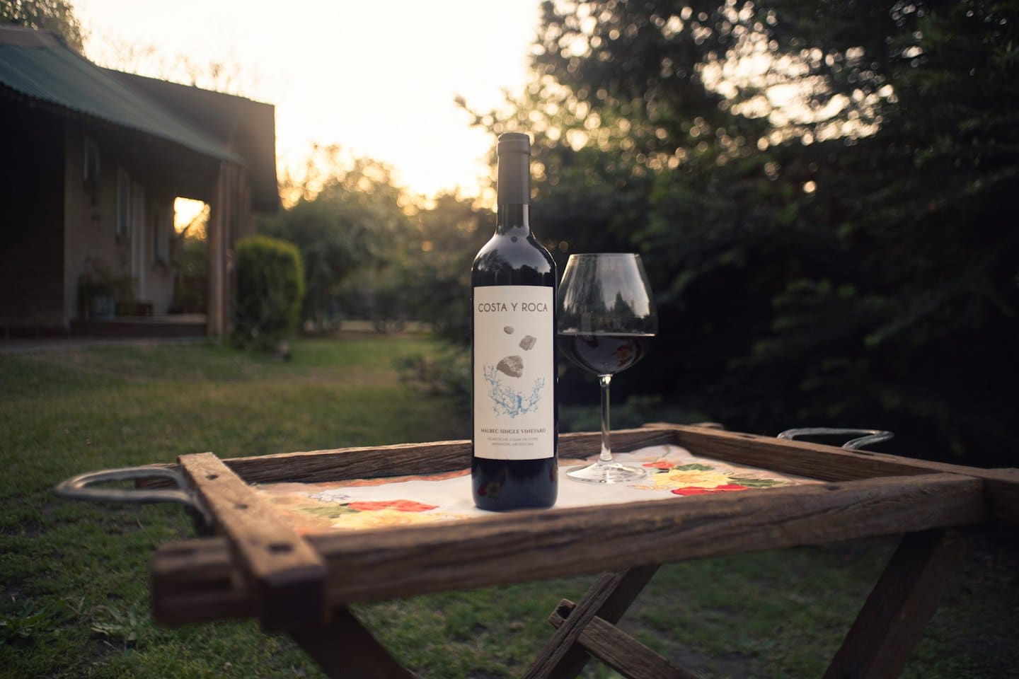 Bottiglia di vino rosso e bicchiere su un vassoio di legno sull'erba.
