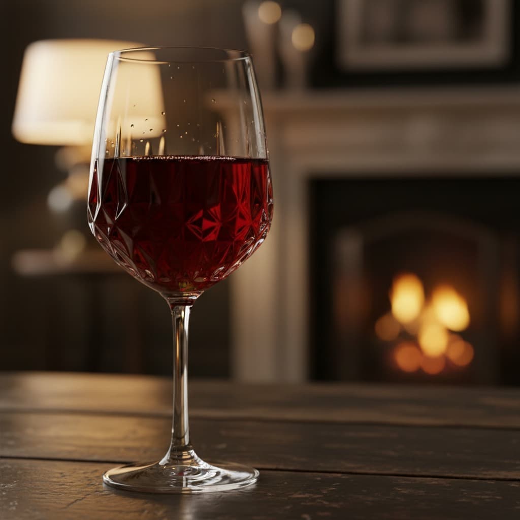Un calice di vino rosso sfaccettato è appoggiato su un tavolo di legno davanti a un caminetto acceso.